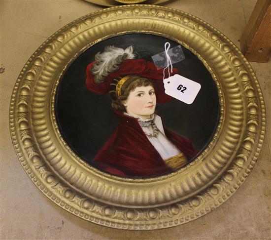 Howell & James Art Pottery cabinet plate, with head & shoulder portrait of a young lady. gilt metal frame (exhibition label verso)